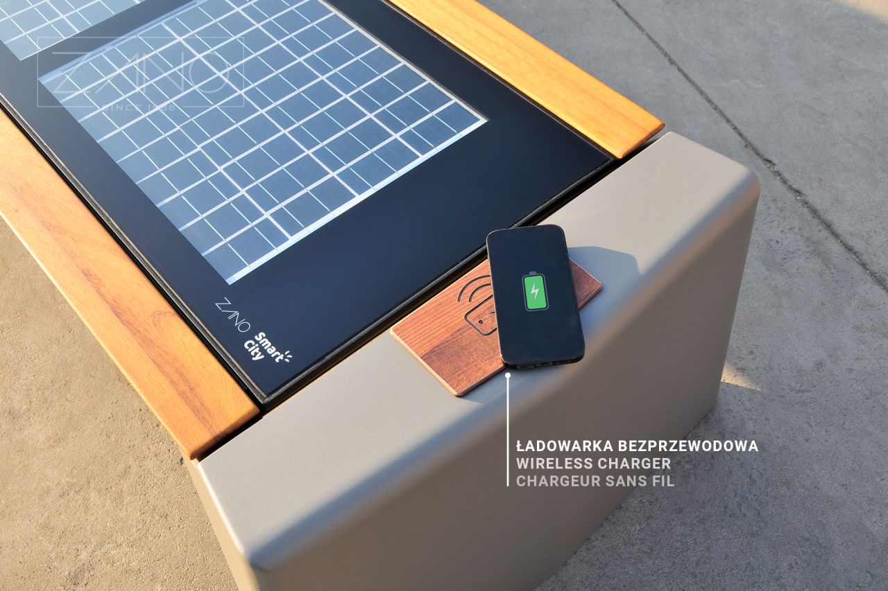 Wireless charger for phones in the "Photon" solar bench